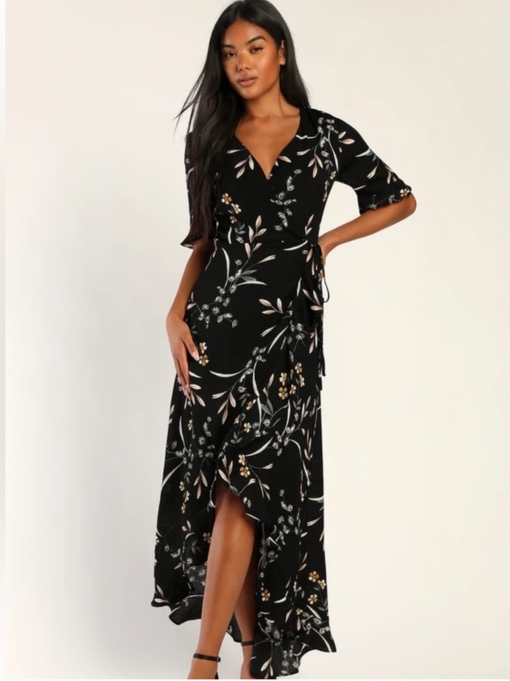 Lulu's Wild Winds Black Floral Wrap High-Low Maxi Dress
